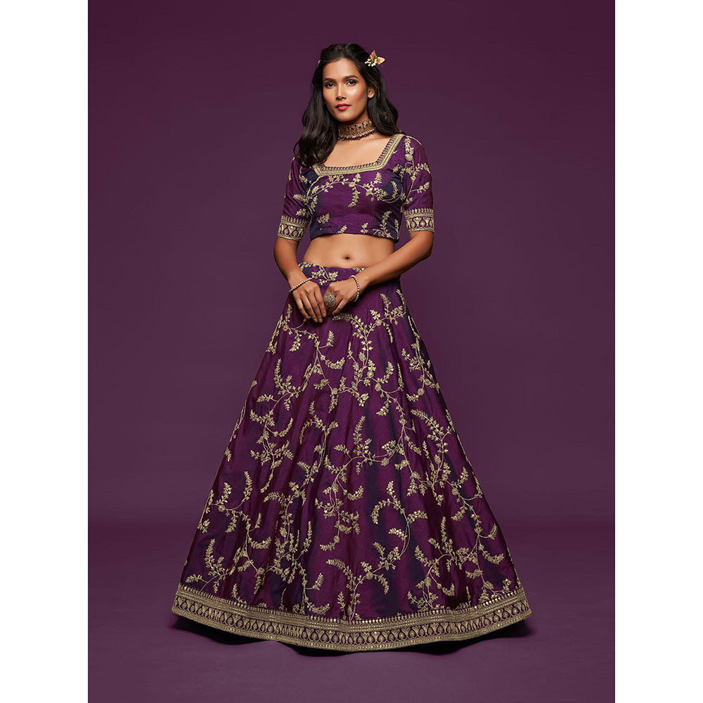 Odette Purple Art Silk Embroidered Semi Stitched Lehenga with Unstitched Blouse & Dupatta (Set of 3)