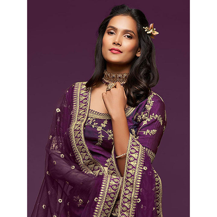 Odette Purple Art Silk Embroidered Semi Stitched Lehenga with Unstitched Blouse & Dupatta (Set of 3)