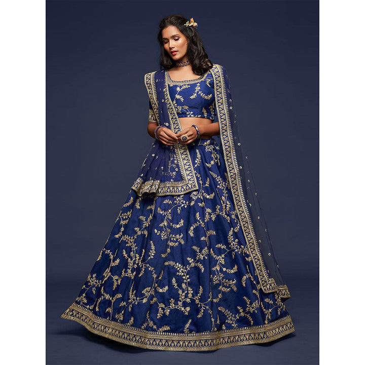 Odette Blue Art Silk Embroidered Semi Stitched Lehenga with Unstitched Blouse & Dupatta (Set of 3)