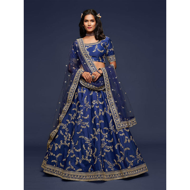 Odette Blue Art Silk Embroidered Semi Stitched Lehenga with Unstitched Blouse & Dupatta (Set of 3)