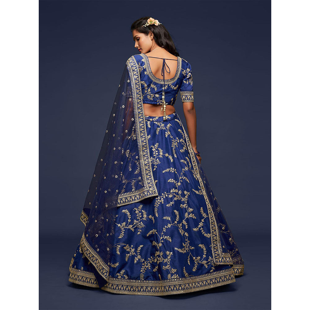 Odette Blue Art Silk Embroidered Semi Stitched Lehenga with Unstitched Blouse & Dupatta (Set of 3)