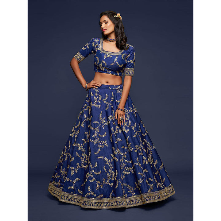 Odette Blue Art Silk Embroidered Semi Stitched Lehenga with Unstitched Blouse & Dupatta (Set of 3)