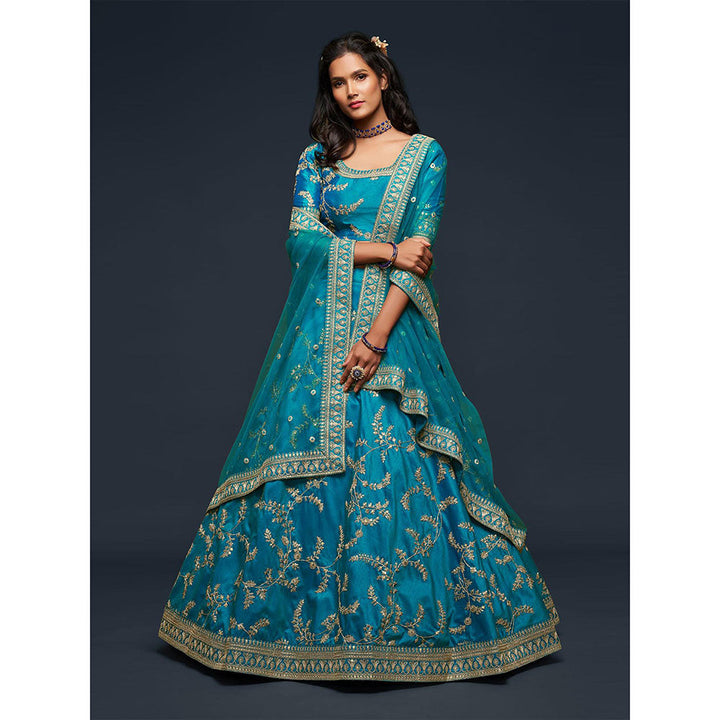 Odette Teal Art Silk Embroidered Semi Stitched Lehenga with Unstitched Blouse & Dupatta (Set of 3)