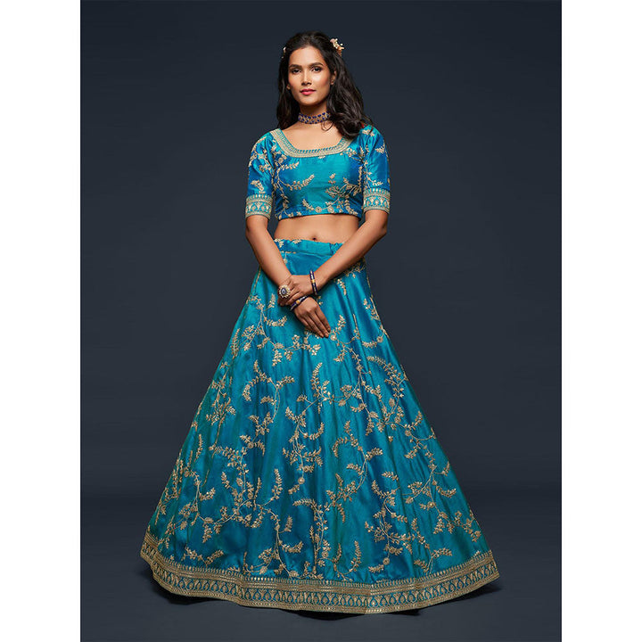 Odette Teal Art Silk Embroidered Semi Stitched Lehenga with Unstitched Blouse & Dupatta (Set of 3)