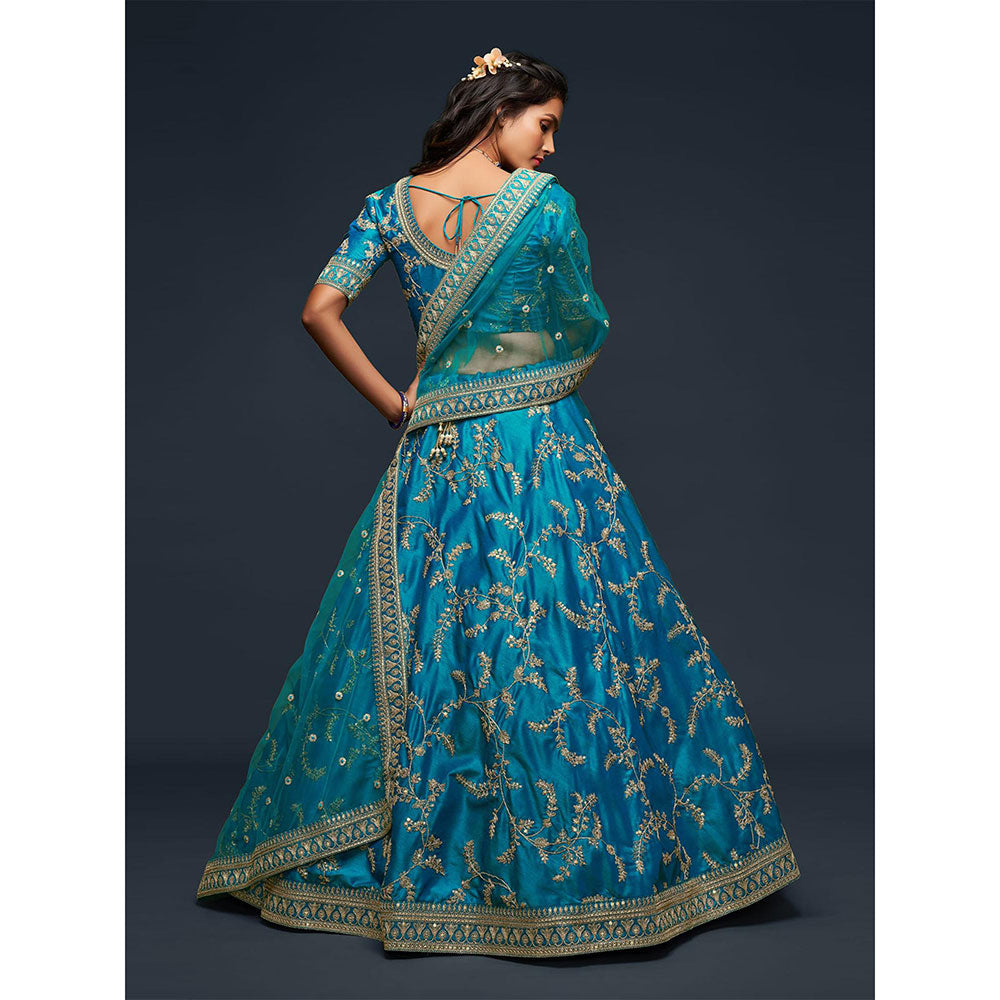 Odette Teal Art Silk Embroidered Semi Stitched Lehenga with Unstitched Blouse & Dupatta (Set of 3)