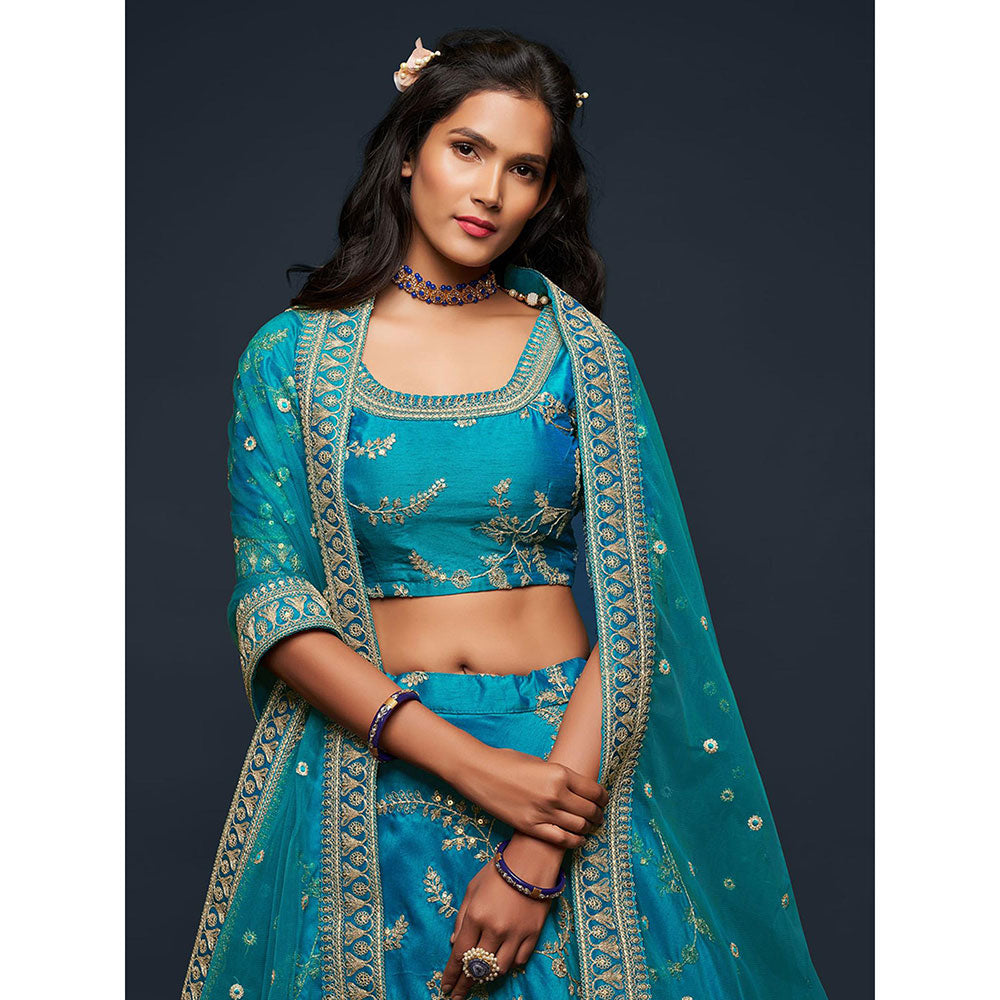 Odette Teal Art Silk Embroidered Semi Stitched Lehenga with Unstitched Blouse & Dupatta (Set of 3)