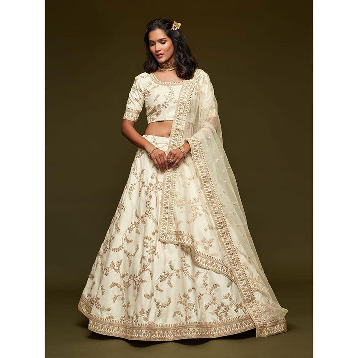 Odette White Art Silk Embroidered Semi Stitched Lehenga with Unstitched Blouse & Dupatta (Set of 3)