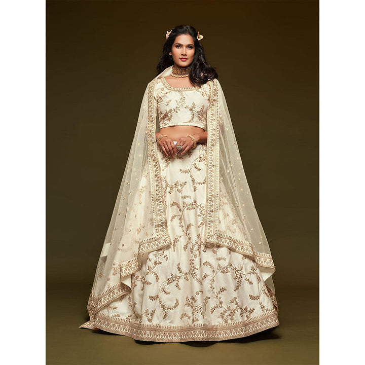 Odette White Art Silk Embroidered Semi Stitched Lehenga with Unstitched Blouse & Dupatta (Set of 3)