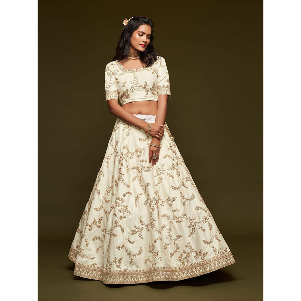 Odette White Art Silk Embroidered Semi Stitched Lehenga with Unstitched Blouse & Dupatta (Set of 3)