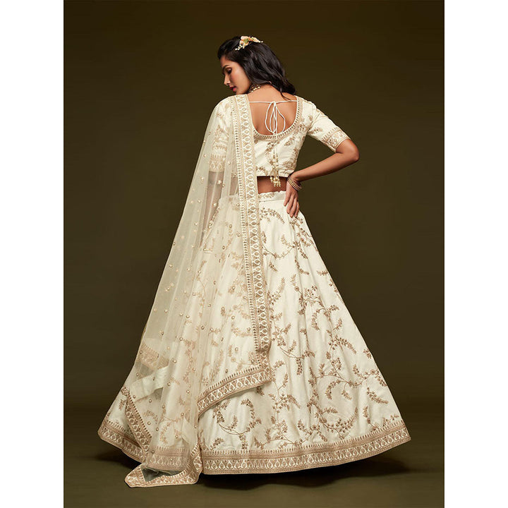 Odette White Art Silk Embroidered Semi Stitched Lehenga with Unstitched Blouse & Dupatta (Set of 3)