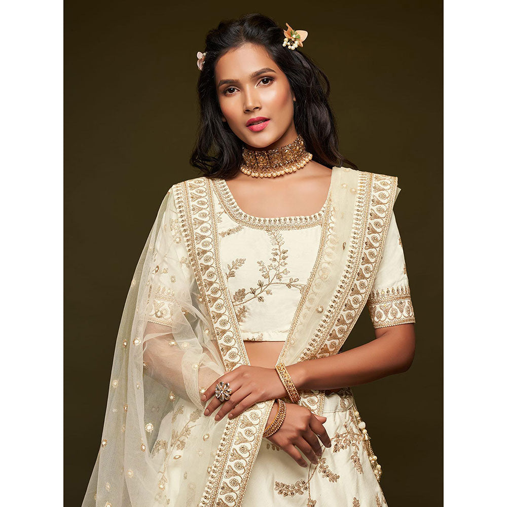 Odette White Art Silk Embroidered Semi Stitched Lehenga with Unstitched Blouse & Dupatta (Set of 3)