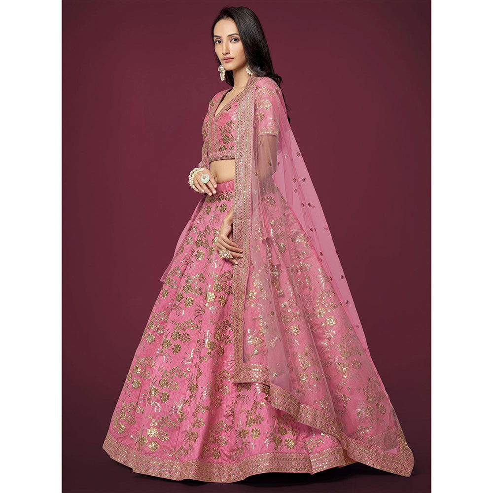 Odette Light Pink Embroidered Semi Stitched Lehenga, Unstitched Blouse & Dupatta (Set of 3)