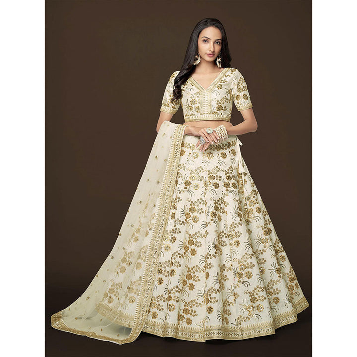 Odette Off White Embroidered Semi Stitched Lehenga, Unstitched Blouse & Dupatta (Set of 3)