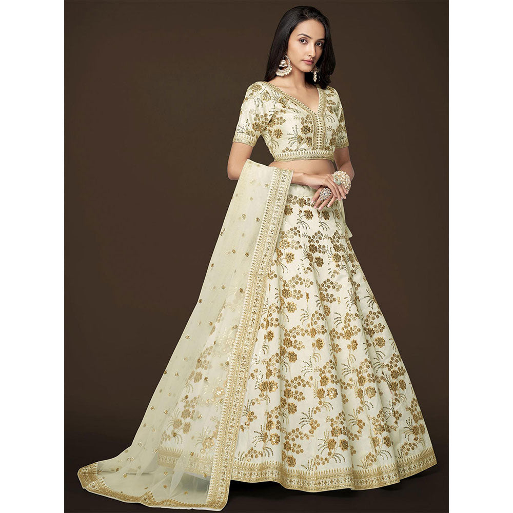 Odette Off White Embroidered Semi Stitched Lehenga, Unstitched Blouse & Dupatta (Set of 3)