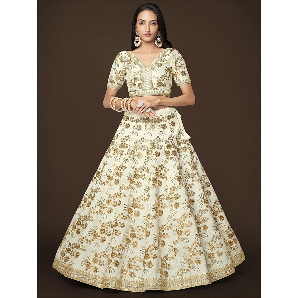 Odette Off White Embroidered Semi Stitched Lehenga, Unstitched Blouse & Dupatta (Set of 3)