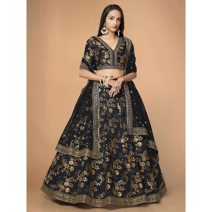 Odette Black Embroidered Semi Stitched Lehenga with Unstitched Blouse & Dupatta (Set of 3)