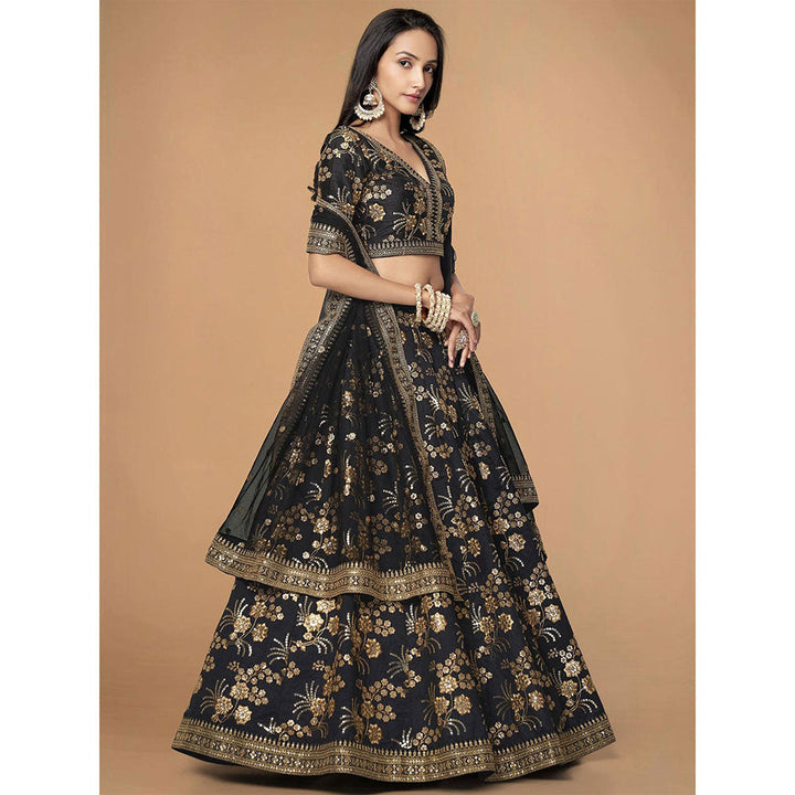 Odette Black Embroidered Semi Stitched Lehenga with Unstitched Blouse & Dupatta (Set of 3)