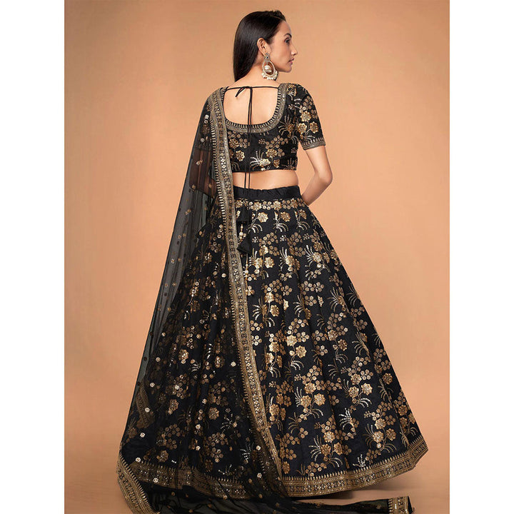 Odette Black Embroidered Semi Stitched Lehenga with Unstitched Blouse & Dupatta (Set of 3)