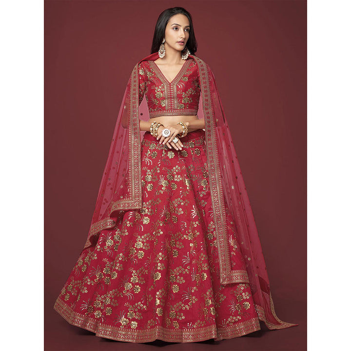 Odette Red Silk Blend Embroidered Semi Stitched Lehenga with Unstitched Blouse & Dupatta (Set of 3)