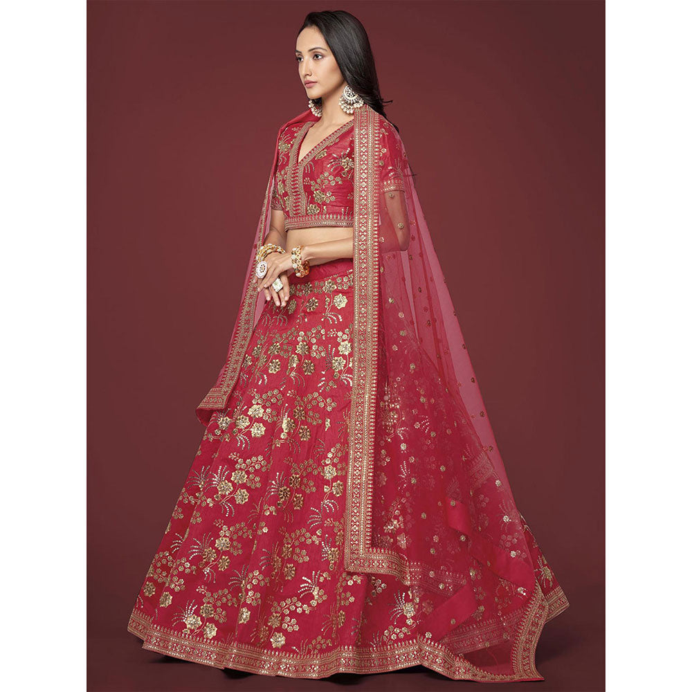 Odette Red Silk Blend Embroidered Semi Stitched Lehenga with Unstitched Blouse & Dupatta (Set of 3)