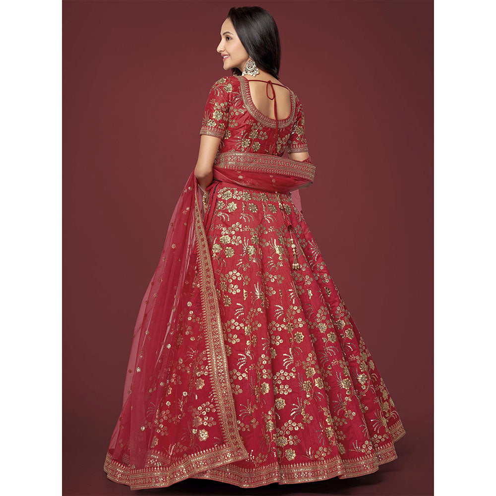 Odette Red Silk Blend Embroidered Semi Stitched Lehenga with Unstitched Blouse & Dupatta (Set of 3)