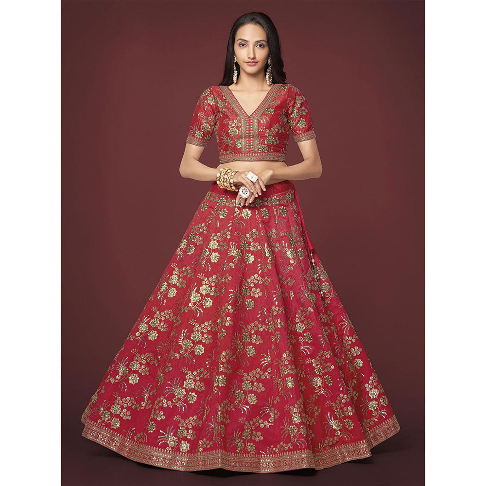 Odette Red Silk Blend Embroidered Semi Stitched Lehenga with Unstitched Blouse & Dupatta (Set of 3)