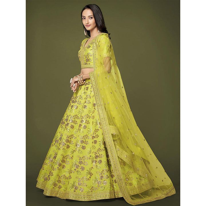 Odette Green Embroidered Semi Stitched Lehenga with Unstitched Blouse & Dupatta (Set of 3)