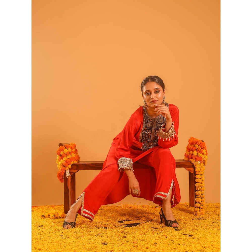 OHH CROW Rust High Low Kurta with Pant (Set of 2)