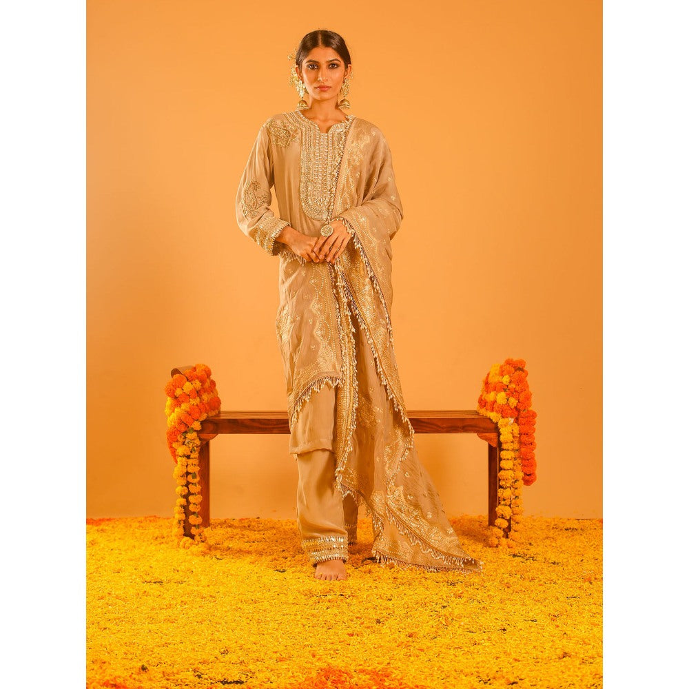 OHH CROW Beige Straight Length Kurta with Pant and Dupatta (Set of 3)