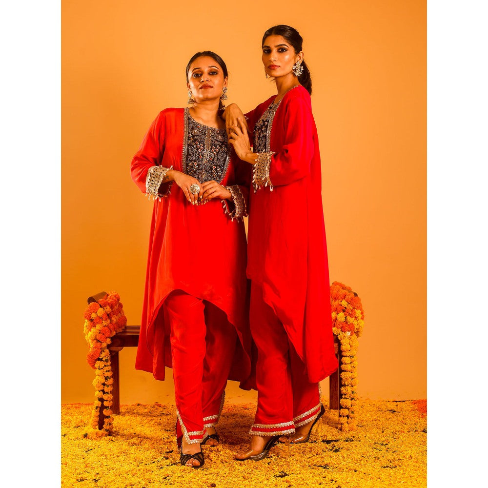 OHH CROW Red High Low Kurta with Pant (Set of 2)