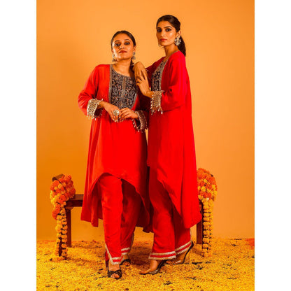 OHH CROW Red High Low Kurta with Pant (Set of 2)
