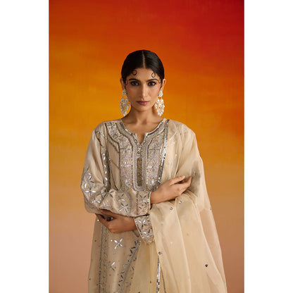 OHH CROW Beige Embroidered Crepe Kurta with Pant and Dupatta (Set of 3)