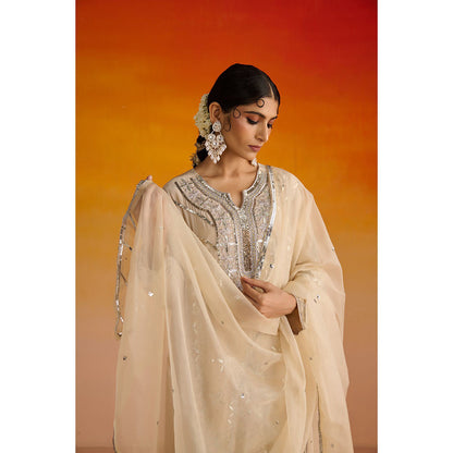 OHH CROW Beige Embroidered Crepe Kurta with Pant and Dupatta (Set of 3)