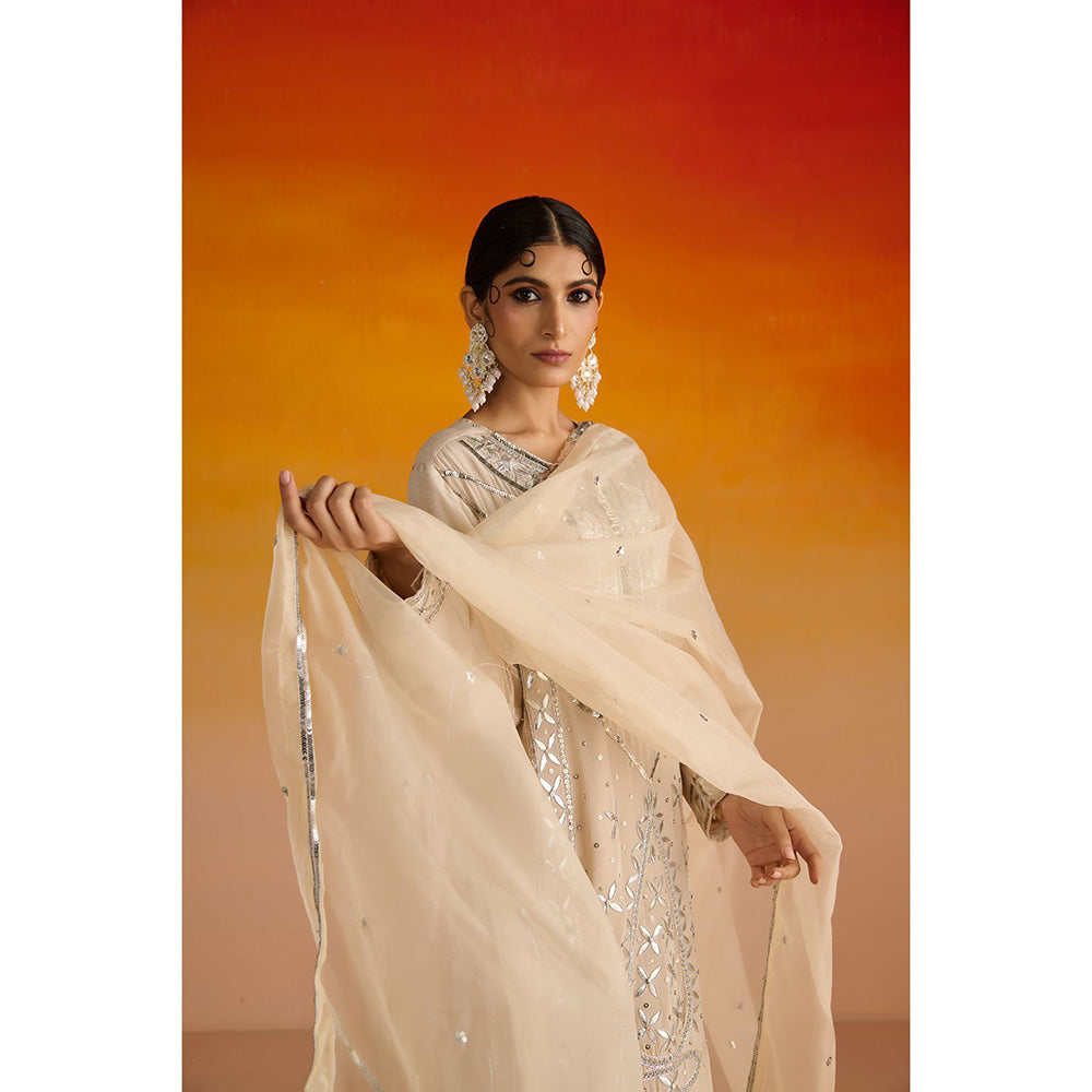 OHH CROW Beige Embroidered Crepe Kurta with Pant and Dupatta (Set of 3)