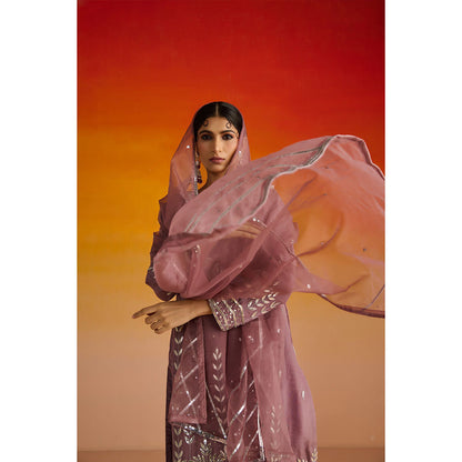 OHH CROW Purple Embroidered Opara Silk Kurta with Pant and Dupatta (Set of 3)