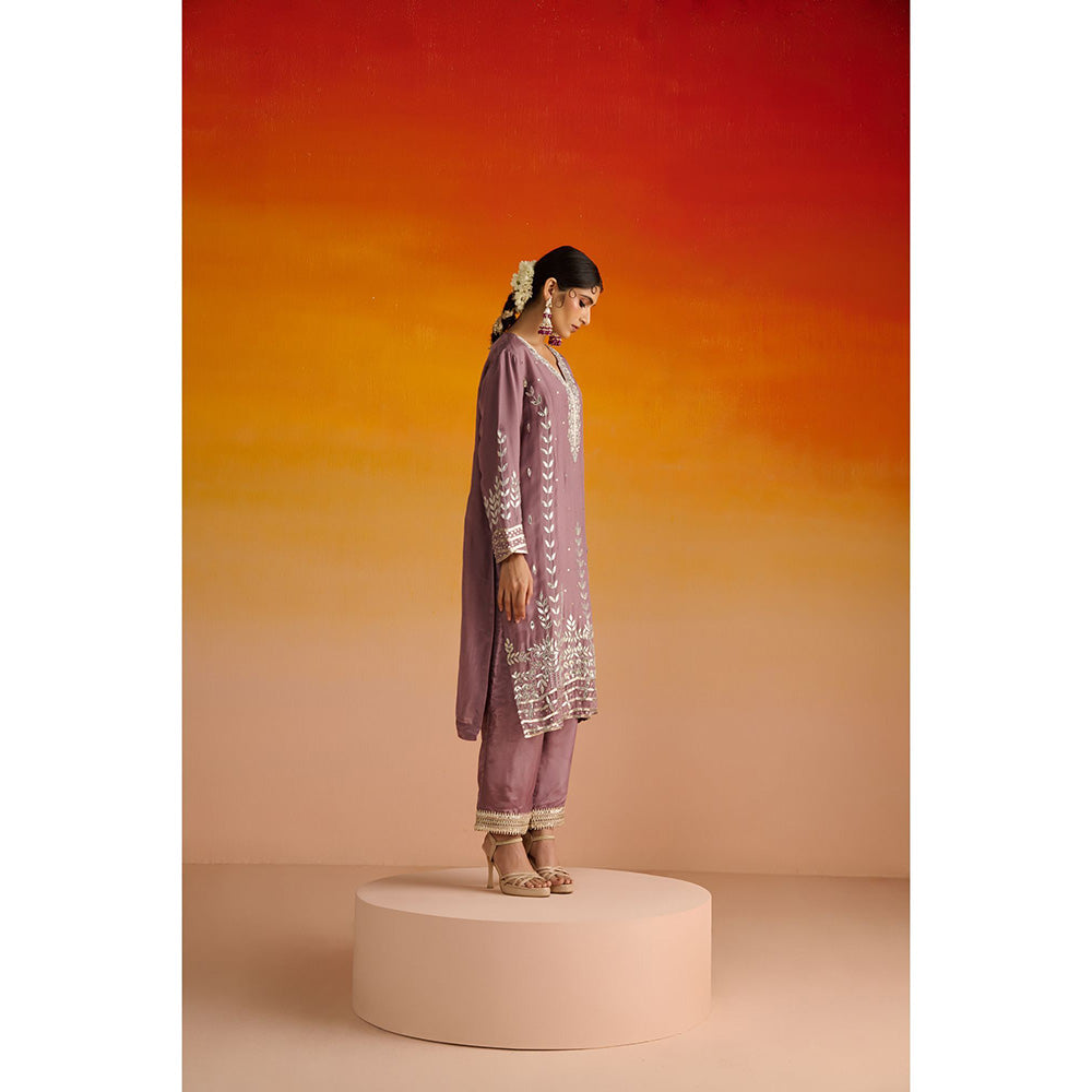 OHH CROW Purple Embroidered Opara Silk Kurta with Pant and Dupatta (Set of 3)