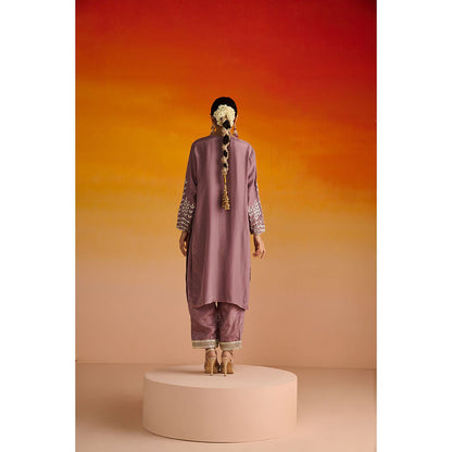 OHH CROW Purple Embroidered Opara Silk Kurta with Pant and Dupatta (Set of 3)