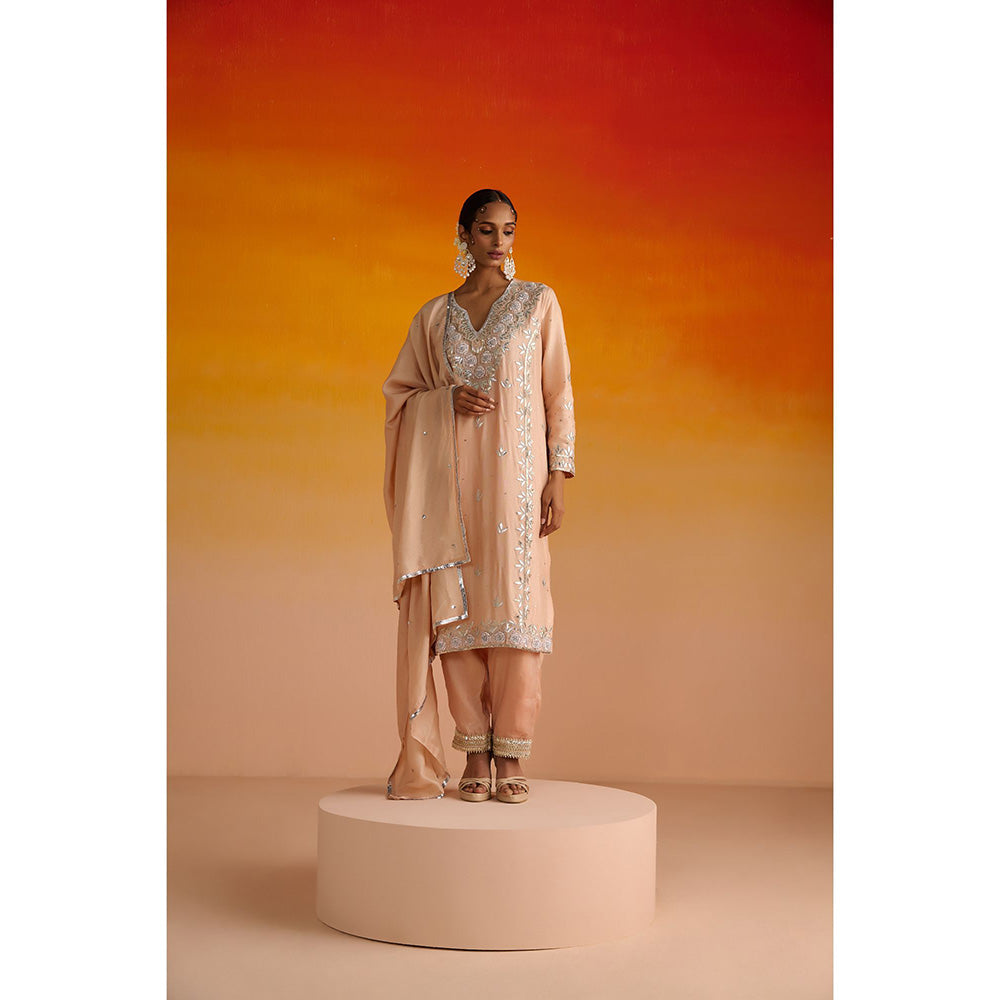 OHH CROW Peach Embroidered Opara Silk Kurta with Pant and Dupatta (Set of 3)