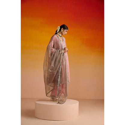 OHH CROW Pink Embroidered Raw Silk Kurta with Pant and Dupatta (Set of 3)