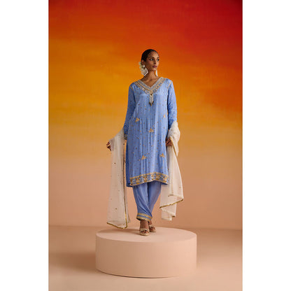 OHH CROW Blue Embroidered Crepe Kurta with Pant and Dupatta (Set of 3)