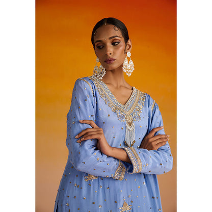 OHH CROW Blue Embroidered Crepe Kurta with Pant and Dupatta (Set of 3)
