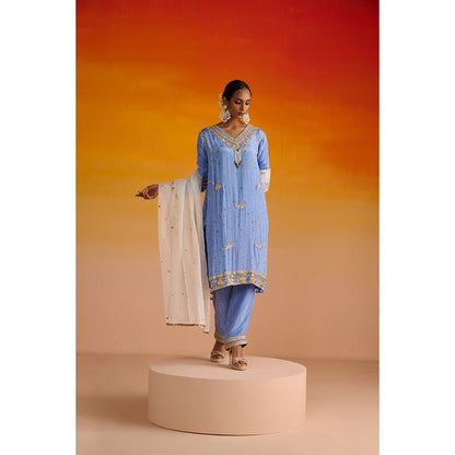 OHH CROW Blue Embroidered Crepe Kurta with Pant and Dupatta (Set of 3)