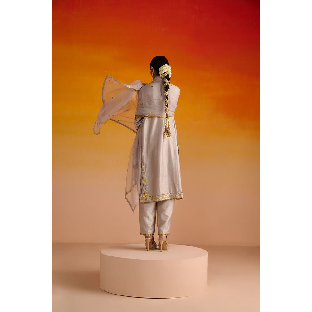 OHH CROW Beige Embroidered Raw Silk Kurta with Pant and Dupatta (Set of 3)