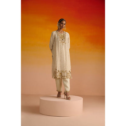 OHH CROW Beige Embroidered Opara Silk Kurta with Pant and Dupatta (Set of 3)