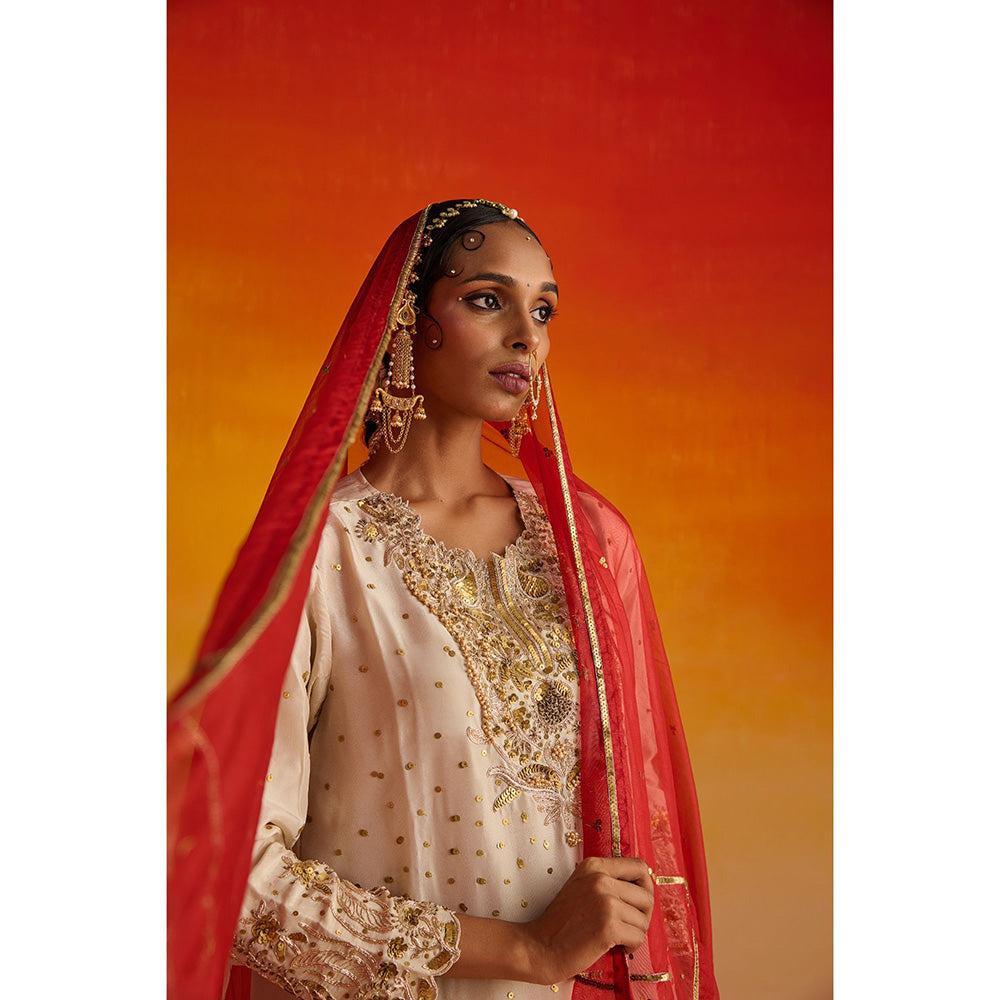 OHH CROW Beige Embroidered Opara Silk Kurta with Pant and Dupatta (Set of 3)