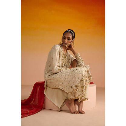 OHH CROW Beige Embroidered Opara Silk Kurta with Pant and Dupatta (Set of 3)