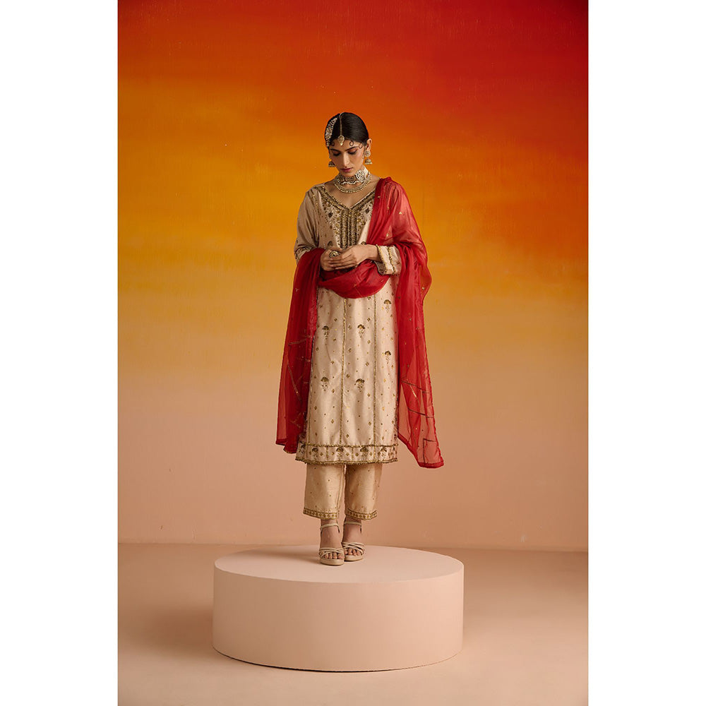 OHH CROW Beige Embroidered Raw Silk Kurta with Pant and Dupatta (Set of 3)