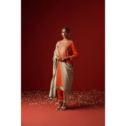 OHH CROW Orange Embroidered Crepe Kurta with Pant and Dupatta (Set of 3)