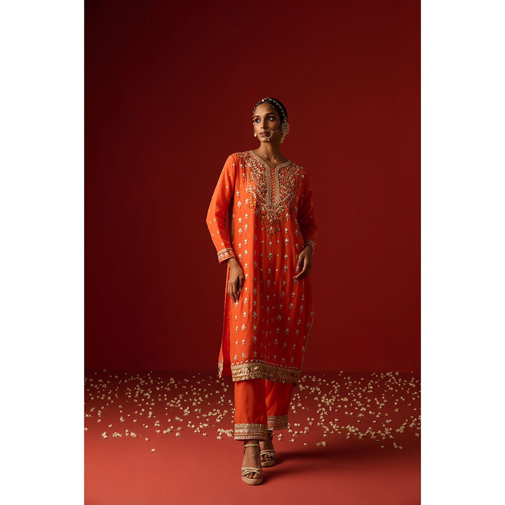OHH CROW Orange Embroidered Crepe Kurta with Pant and Dupatta (Set of 3)