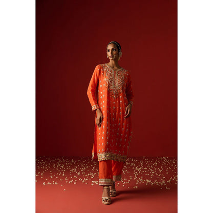 OHH CROW Orange Embroidered Crepe Kurta with Pant and Dupatta (Set of 3)